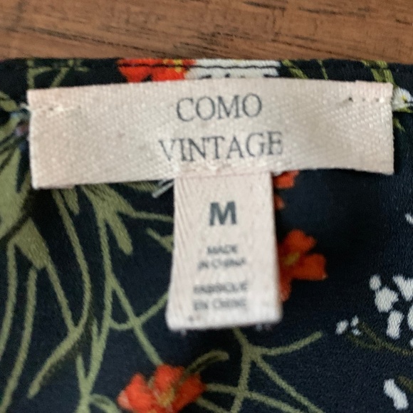 Como Vintage Black Floral Short Sleeve V-Neck Front Tie Top Blouse Dressy Casual - Picture 10 of 12